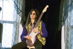 Mike Campese Vibe album photo session - Burgundy Mist Strat, yellow vest.