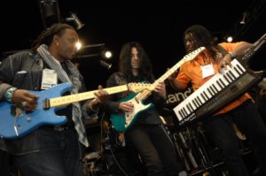 Mike Campese at Roland, NAMM 2012 with Delmar Brown and Lady Gaga's band, Kid Rock and many others.
