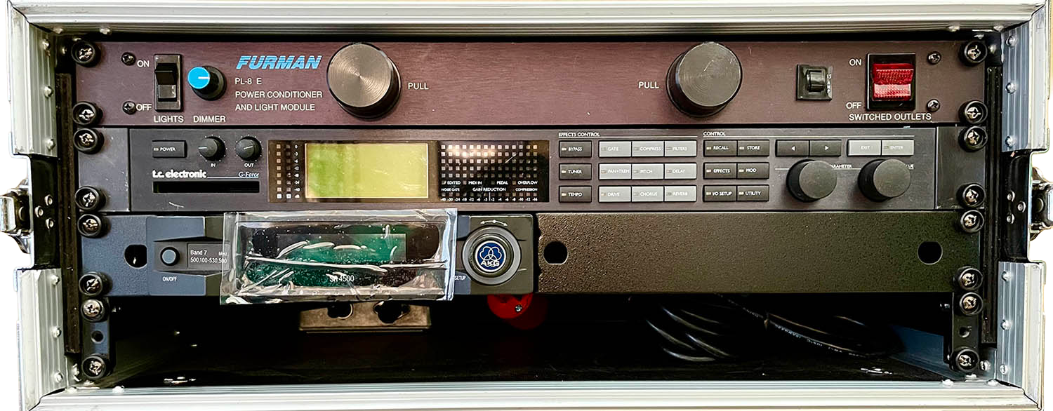 Mike Campese guitar rack with rack-mounted gear